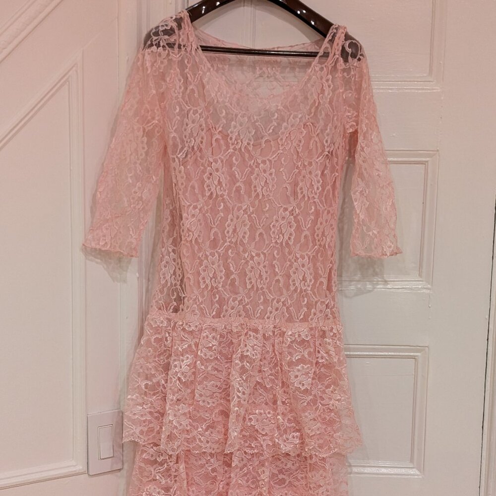 E.D. Michaels Petites Vintage Lace Pink Midi Dress 3/4 Sleeves Size 11/12